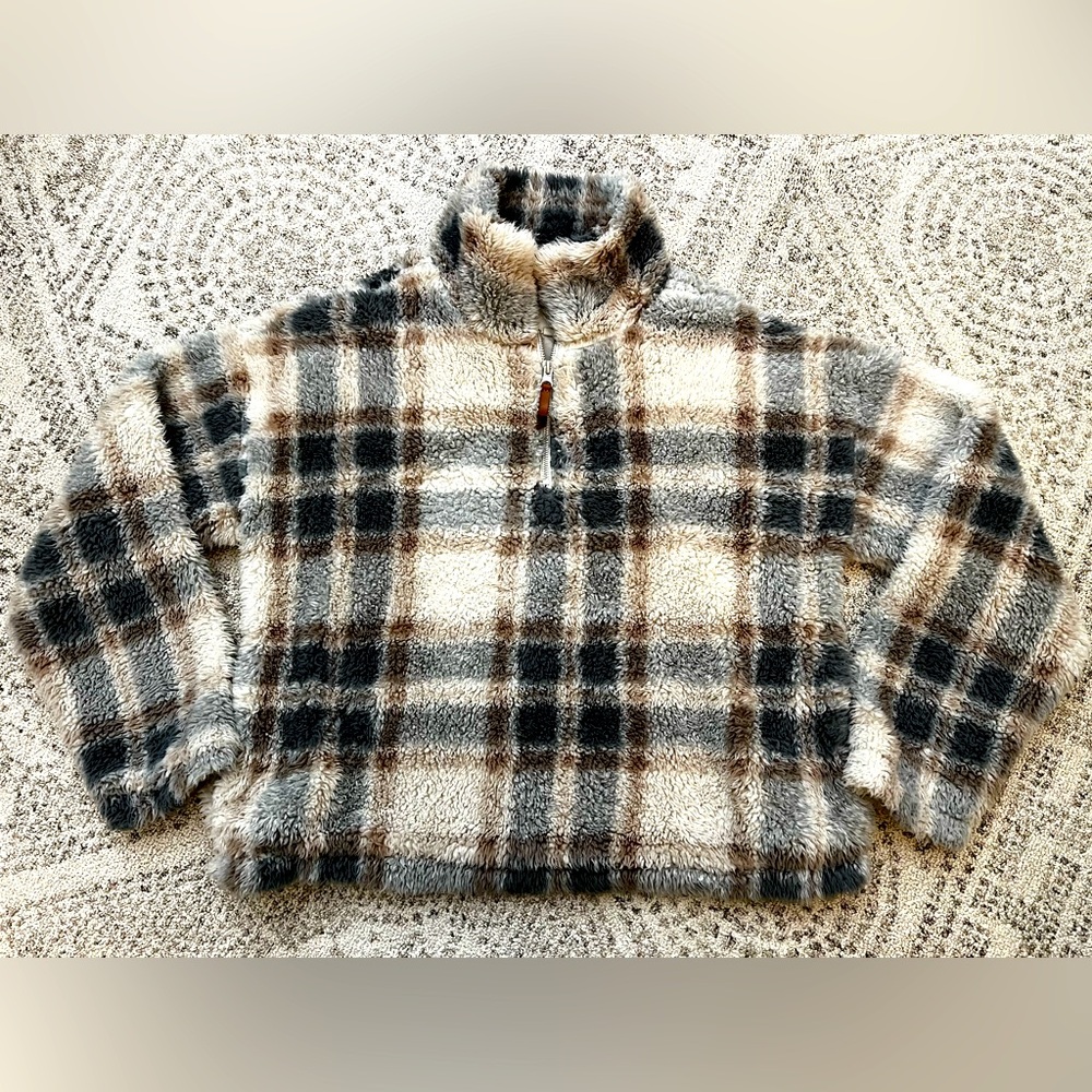 Plaid Fleece Pullover - Black, Brown, Cream
